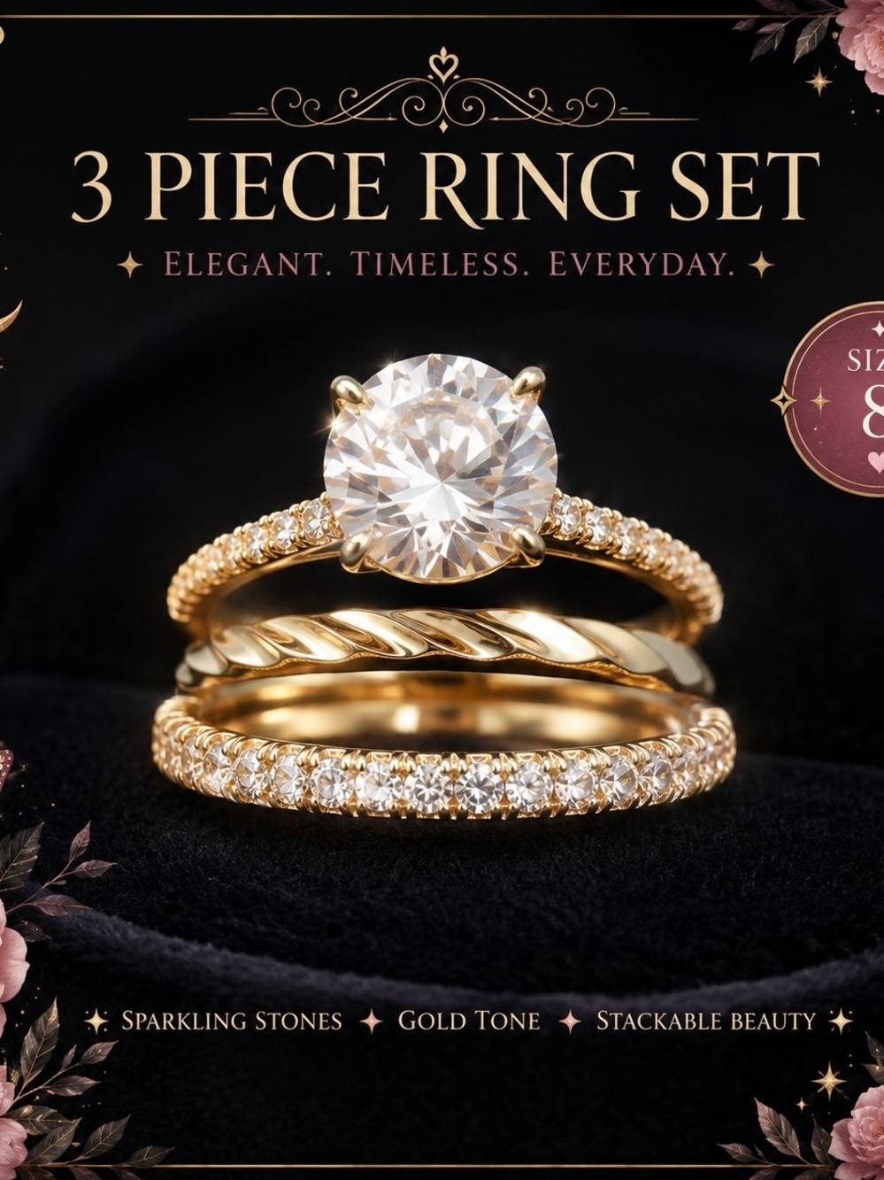 Rose Gold-Tone 3-Piece Women's Ring Set with Sparkling Stones Size 8!